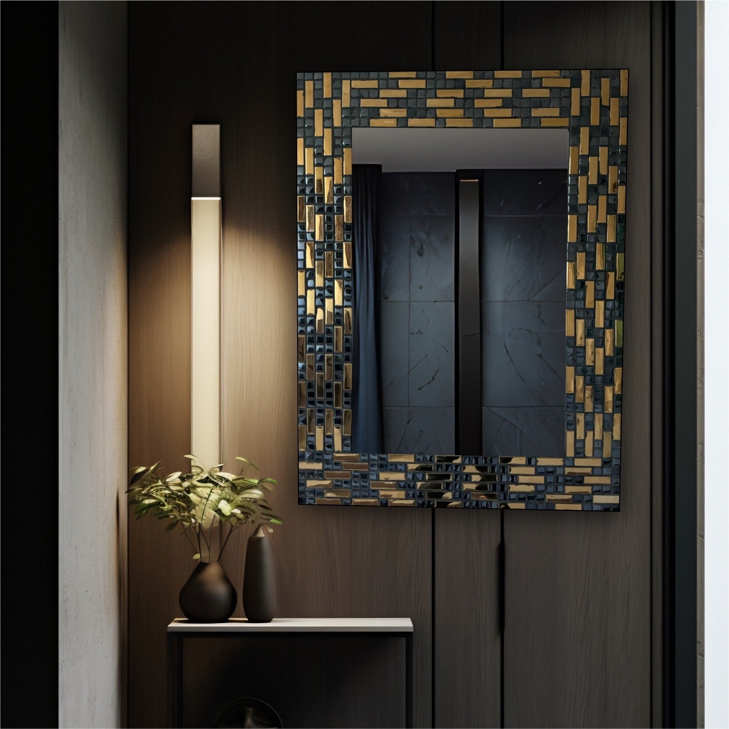 Noir Gold Elegance: Black & Golden Glass Mosaic Mirror for Western Interiors
